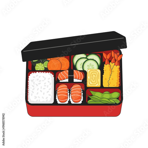 Japanese Bento Box Lunch with Sushi, Shrimp Tempura, Rice, and Edamame - Flat Illustration