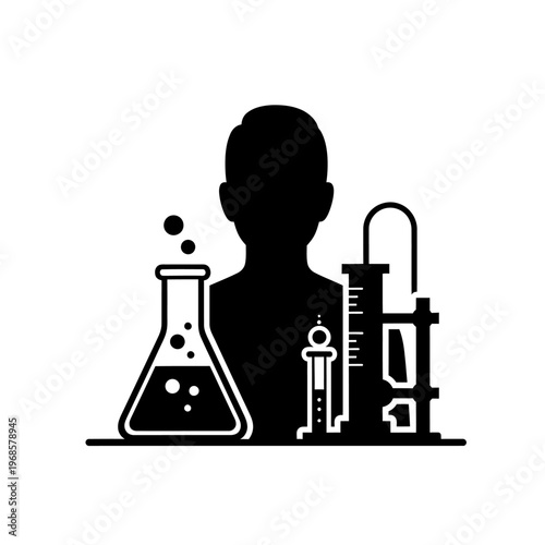 Silhouette Scientist with Laboratory Equipment, Flasks and Beakers, Research and Development
