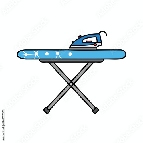 A blue and white iron sits on a patterned ironing board supported by an X-shaped stand