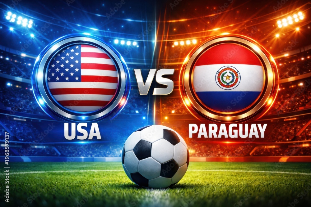 Fototapeta premium USA vs Paraguay soccer stadium match graphic with ball