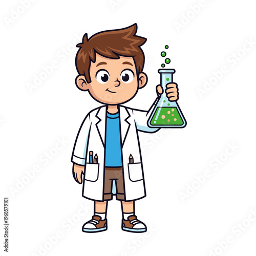 Young Boy Scientist Holding Flask with Green Bubbles - Cartoon Illustration