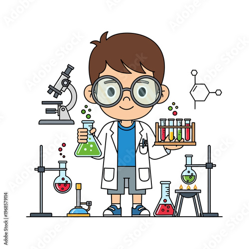 Young Boy Scientist Conducting Chemistry Experiment with Beakers and Microscope