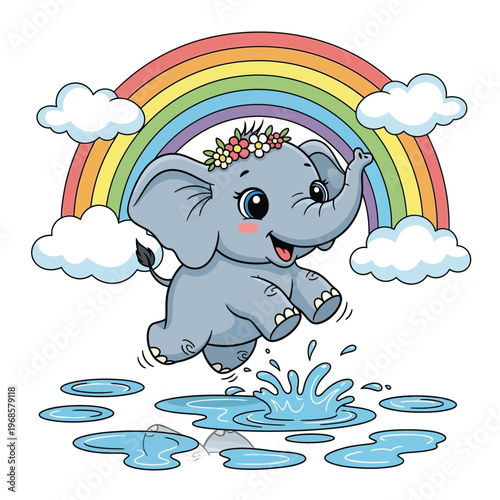 Cute Baby Elephant Joyfully Jumping in Puddles Under a Rainbow.