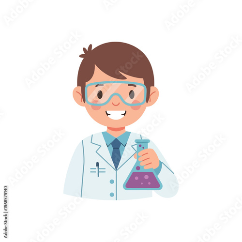Young Boy Scientist Holding Flask with Purple Liquid