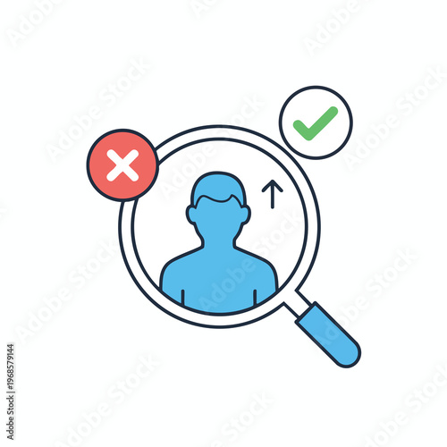 Magnifying glass over person, showing approval and disapproval signs