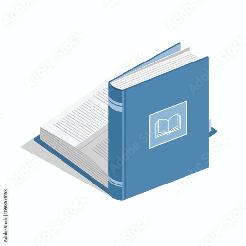 An open, blue, hardcover book is shown with its pages fanned out, next to another open book