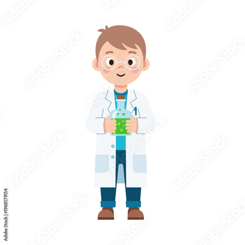 Young Boy Scientist Holding Flask with Green Liquid, Cartoon Style