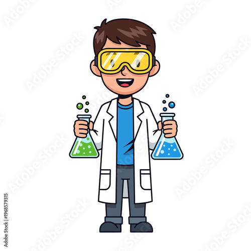 Young Scientist Boy with Flasks in Lab Coat and Goggles, Cartoon Style