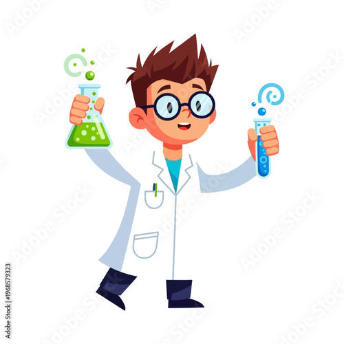 Young Scientist Boy with Chemical Beakers, Cartoon Illustration