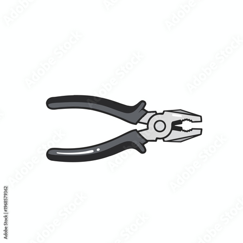 A pair of pliers with black grips and a silver, toothed head on a white background