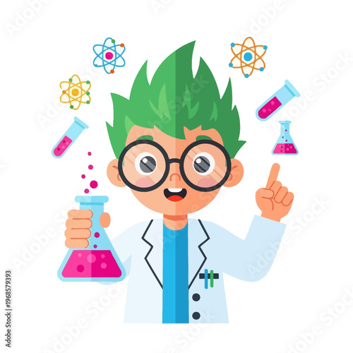 Curious Young Scientist Mixing Chemicals in Laboratory Flask, Atoms and Test Tubes