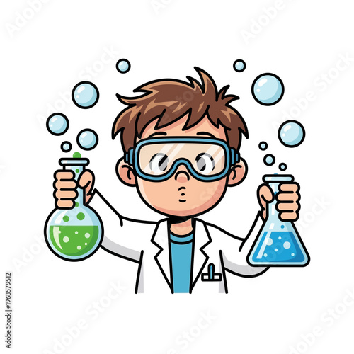Young Scientist Conducting Experiment with Colorful Liquids in Laboratory Flasks