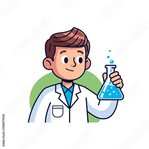 Young scientist holding a bubbling Erlenmeyer flask with blue liquid, illustration
