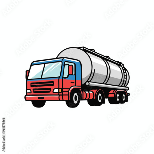 Cartoon style red and blue tanker truck with a silver cylindrical tank