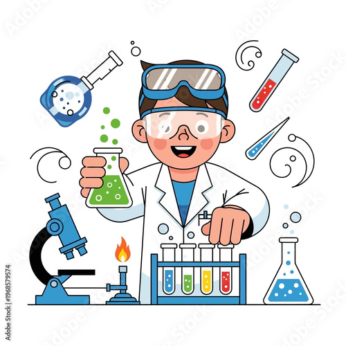 Young Scientist Conducting Experiment with Flasks and Microscope