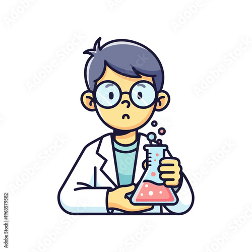 Young Scientist Holding Erlenmeyer Flask with Pink Liquid and Bubbles