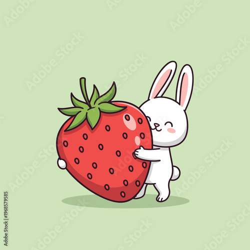 Cute Bunny Hugging Giant Strawberry.
