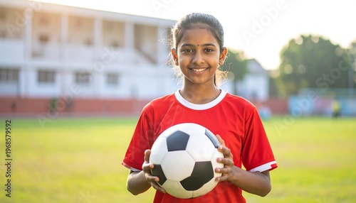 A young girl in a red jersey smiles while holding a soccer ball. The photo is taken outdoors on a green field