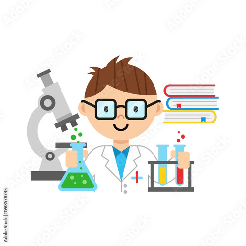 Young Scientist with Microscope, Flask, and Test Tubes - Science Education Illustration