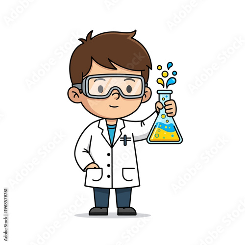Cartoon Boy Scientist Holding Flask with Bubbling Liquid, Education, Chemistry