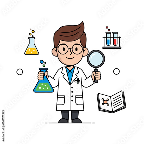 Cartoon Scientist Holding Flask and Magnifying Glass, Conducting Experiment