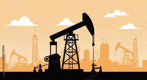 Silhouette of an Oil Pump Jack Against a Cityscape.