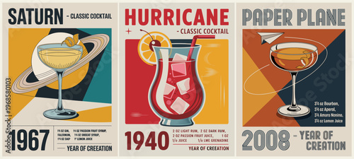 Vintage cocktail ads in retro style. Each drink has a unique name and year. Saturn, Hurricane, and Paper Plane cocktails shown. Bright colors and bold typography