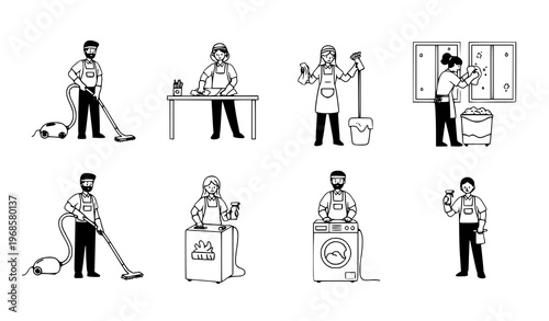 Doodle janitors cleaning people vector set with mopping vacuuming wiping and laundry tasks isolated on white