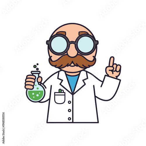 Cartoon Scientist with Flask and Idea Bulb