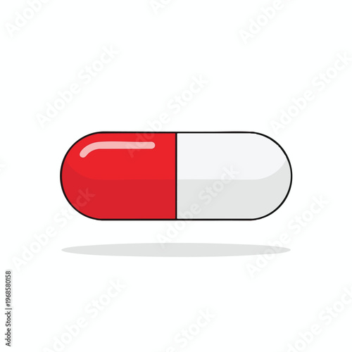 A red and white capsule, depicted in a simple, flat illustration style