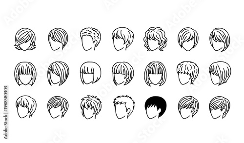 Modern Bixie Cut Hairstyle Icons Short Hair Trend Beauty Line Vector Collection