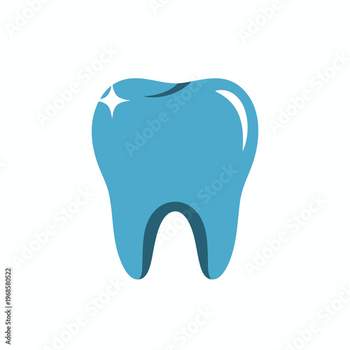 A simple, blue, cartoon-style molar tooth with two roots and two sparkles