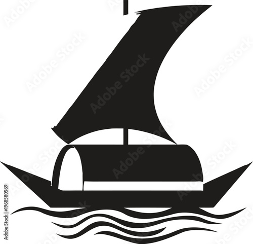 A minimalist black and white graphic illustration depicting a traditional wooden sailing vessel