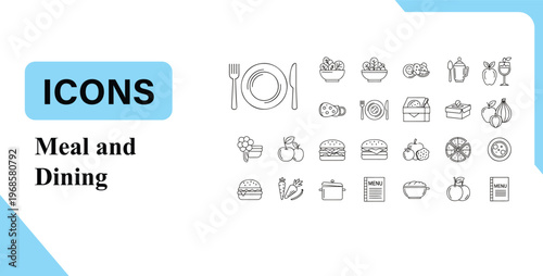 Meal and Dining Line Icons Set – Food, Restaurant, Kitchen Outline Vector