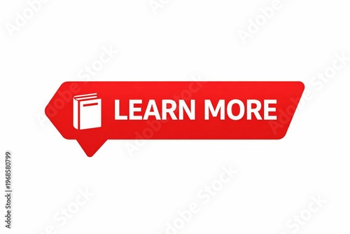 Red callout button with learn more text and book icon for educational content