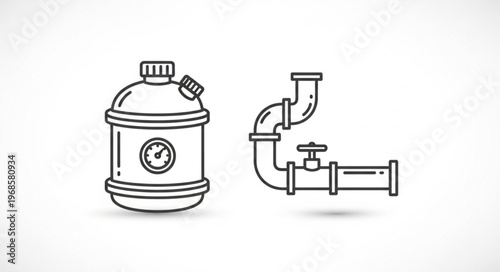 Illustration of a water tank with gauge and plumbing system.