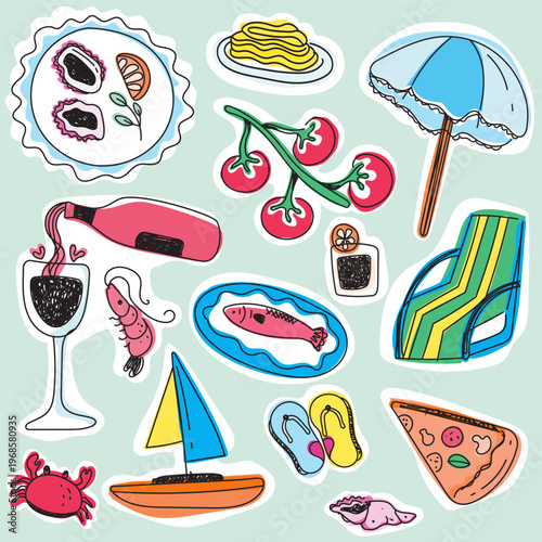 summer vacation icon sets with doodles style