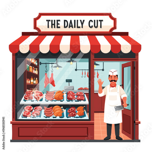 Butchershop exterior with display of meats and a waving butcher holding a cleaver