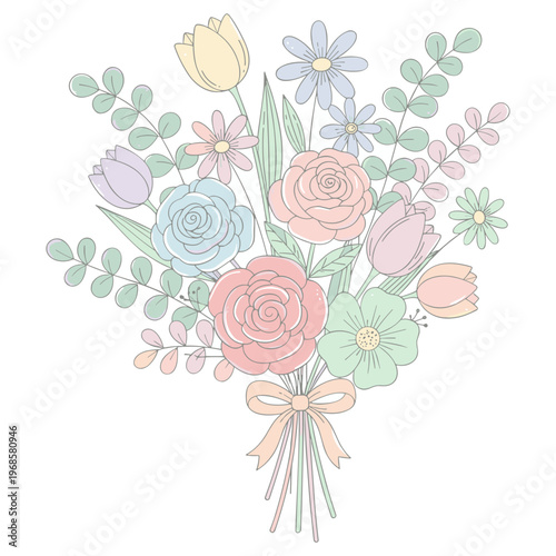 Elegant bouquet of flowers with soft pastel shades and delicate greenery