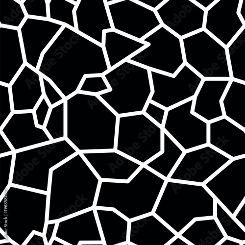 Abstract cracked stone seamless patten. Vector cobblestone mosaic shapes black white textured background. Rubble paving stone print. Geometric irregular gravel tile texture for fabric, textile, design