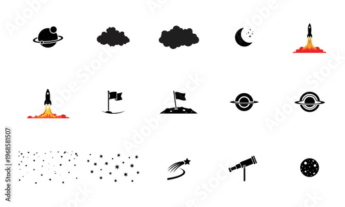 Space exploration including planets rockets moon flags and telescope launch