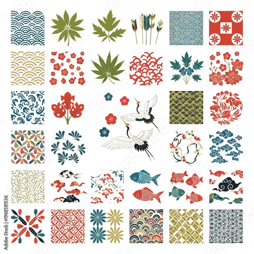 Japanese Traditional Patterns and Motifs Collage: Cranes, Leaves, Flowers, Fish, Clouds