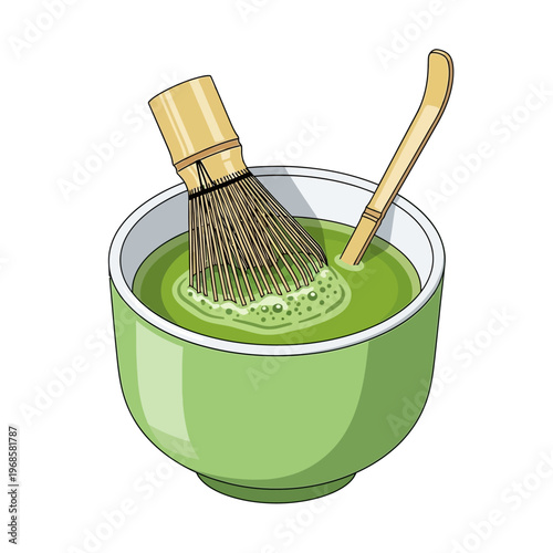 Matcha Tea Preparation: Whisked Green Powder Drink in Bowl with Bamboo Tools