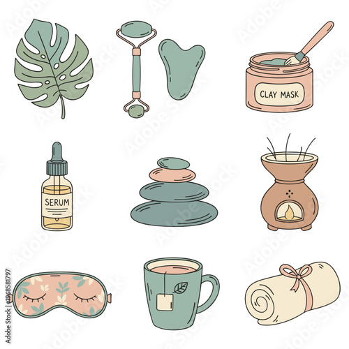Illustrated collection of spa and relaxation essentials for self-care routines