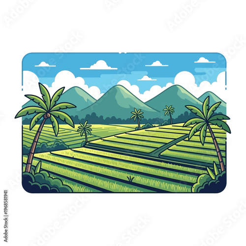 Lush Green Rice Terraces and Palm Trees Under a Blue Sky with Mountains