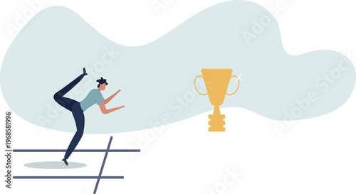 Man Sprinting from Starting Blocks Toward Golden Trophy – Victory and Achievement Concept Vector Illustration