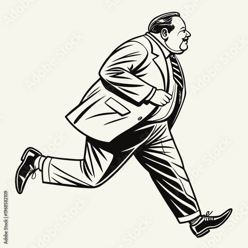 Fat body positive overweight stout man in a suit running at full speed, conveying humor and motion in vintage style sketch engraving generative ai vector illustration. Scratch board. Black and white..