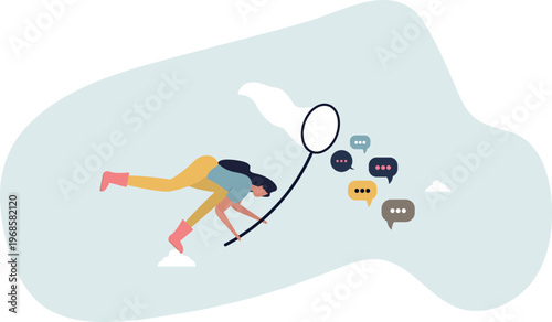 Woman Catching Speech Bubbles with Butterfly Net – Communication and Idea Capture Concept Vector Illustration