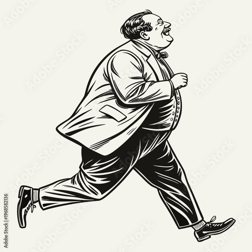 Fat body positive overweight stout man in a suit running at full speed, conveying humor and motion in vintage style sketch engraving generative ai vector illustration. Scratch board. Black and white..