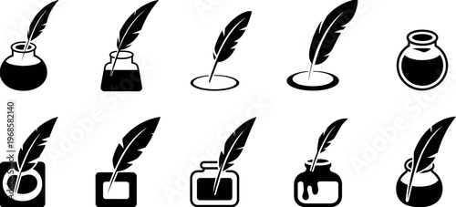 Quill pen vector illustration with ink bottle assorted classic designs vintage writing instruments calligraphy and creative writing symbol in flat style
